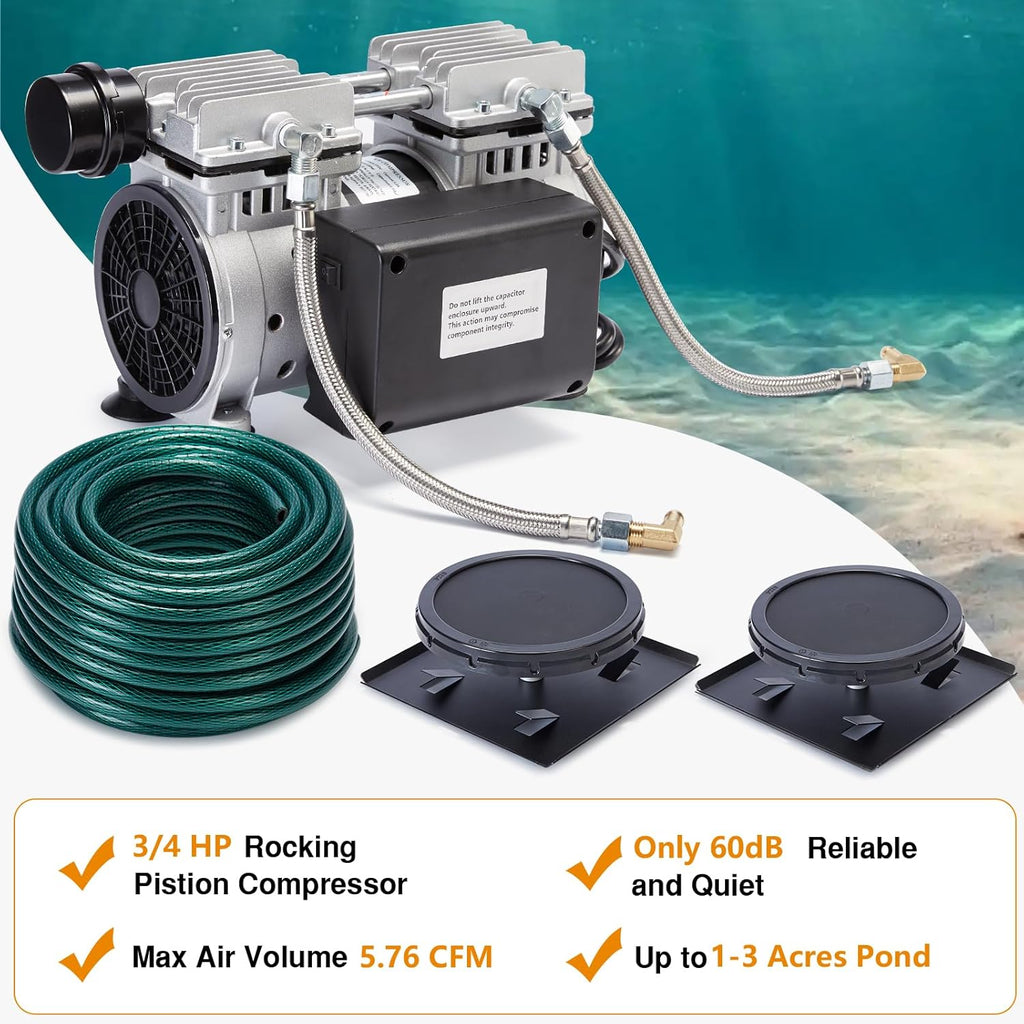 Pond Aerator Kit 3/4 HP Heavy Duty Compressor 5.76CFM Supports Large Lakes up to 3 Acres Outdoor Pond Oxygen Pump 100ft Upgraded Sinking Tubing + 2 Bubble Diffusers