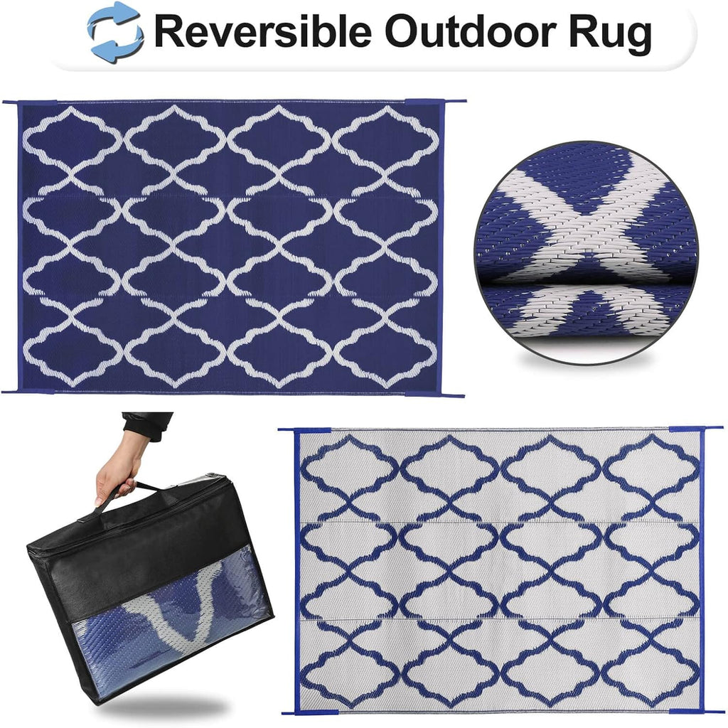 OutdoorLines Outdoor Plastic Area Rugs for Patio 5x8 ft - Reversible Outside Carpet, Stain & UV Resistant RV Mats, Straw Rug for Camping, Deck Garden, Porch and Balcony, Moroccan Navy & Light Grey