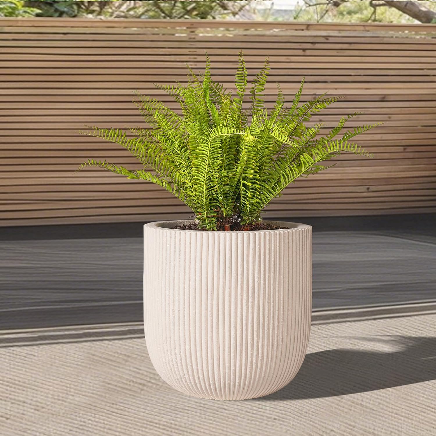 16 Inch Handmade Concrete Outdoor Planter - Classic Striped Design | Fiberglass & Composite Material | Durable for Commercial & Home Decor