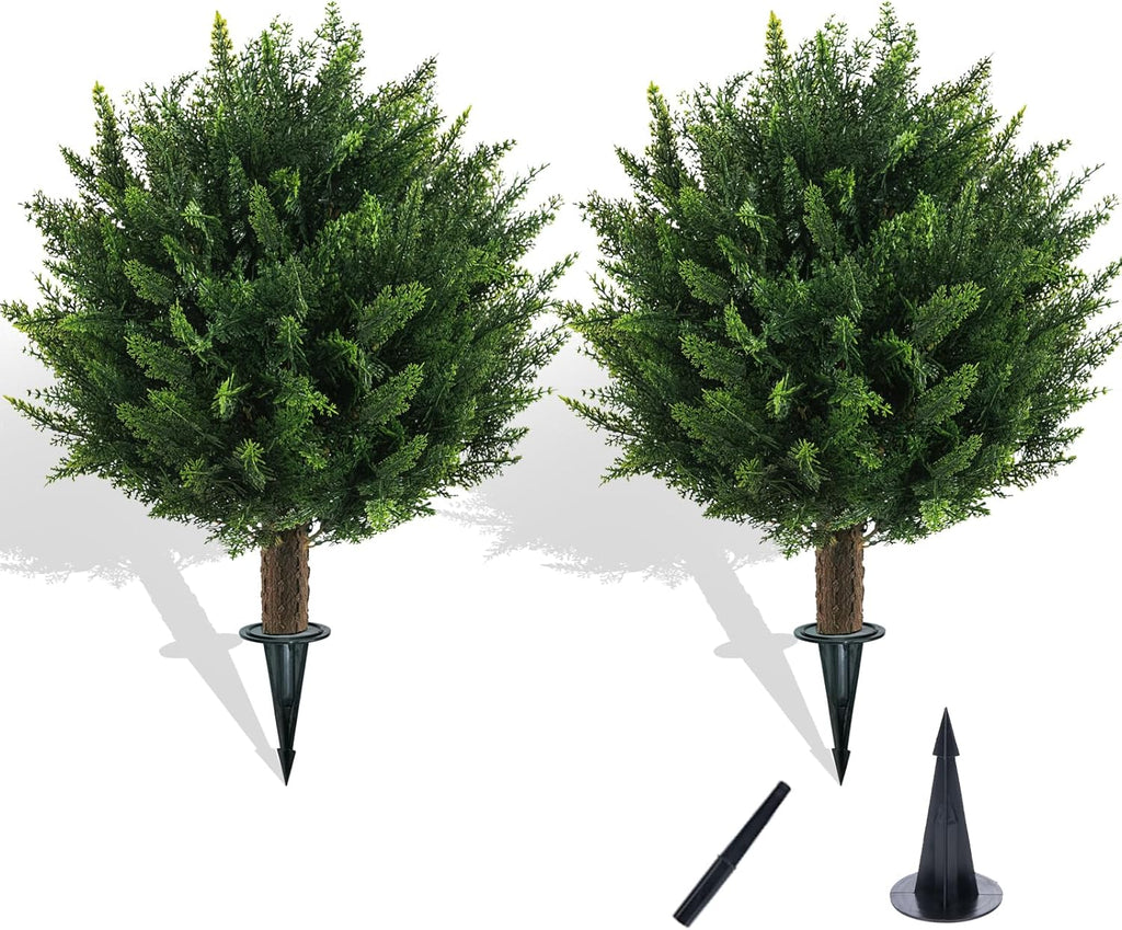 21" Artificial Cypress Topiary Outdoor Plants with Spike, 2 Pack Faux Cedar Bushes UV Resistant Fake Shrubs for Front Porch Décor