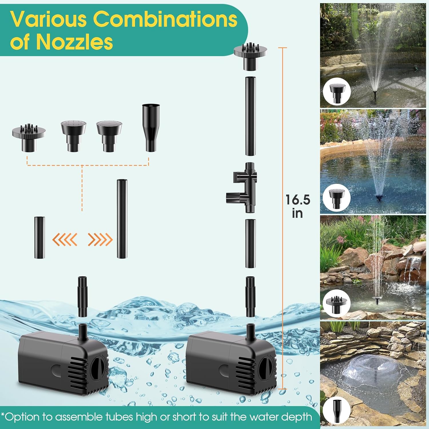 12W Solar Fountain Pump, Solar Powered Water Pump 160GPH Adjustable Flow, Solar Water Fountain Pump with 16.5Ft Cord Length/6.6Ft Tubing for Ponds, Fish Tank, Wildlife Garden, Fountains