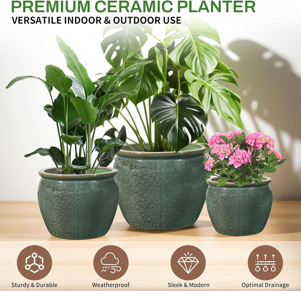 Ceramic Plant Pots Set of 3,9+11.6+14.6 Inch Flower Planters with Drainage Holes Indoor Outdoor, 19.8/8.7/3.8 Qt Capacity, Green Speckled Glaze