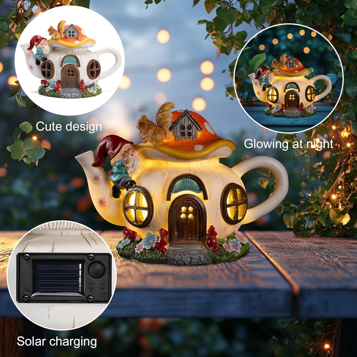 Mushroom Fairy House Garden Decor Solar Light – Outdoor Gnome Statue with Squirrel, Resin Teapot Decorative Figurine for Patio, Lawn, Yard & Balcony, for Women, Mom, and Home