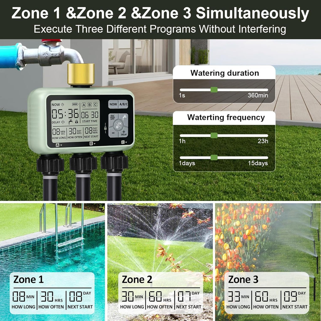 Watering Timer 3 Zone with Brass Inlet, Sprinkler Timer, Programmable Garden Outdoor Hose Faucet Timers with Rain Delay, Auto & Manual Watering System,Water Hose Irrigation Timers 3 Outlet for Garden