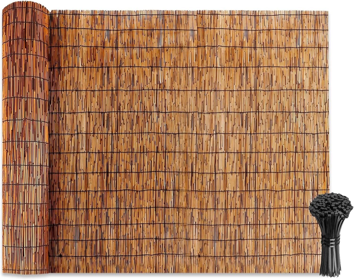 Natural Reed Fencing Rolls: Privacy Bamboo Fence 3/4/5/6ft High Roll Reed Screen, Decorative Bamboo Fencing for Outdoor Balcony Patio Garden Backyard,with Cable Zip Ties(Coffee, 4x16.4ft)