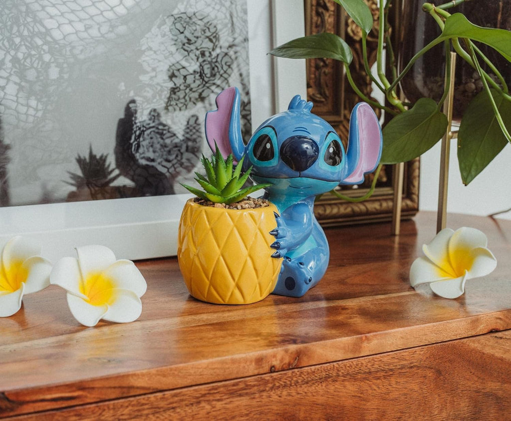 Disney Lilo & Stitch Pineapple 6-Inch Ceramic Planter with Artificial Succulent | Cute Flower Pot, Faux Indoor Plants