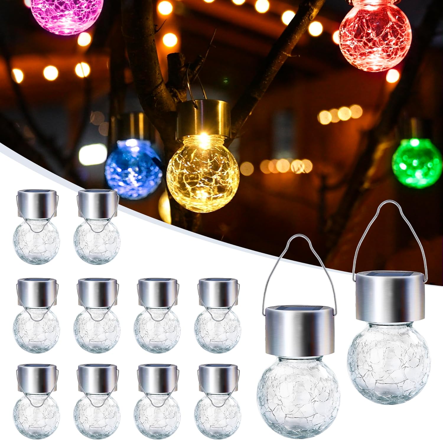 GIGALUMI Solar Lights Outdoor Waterproof ,12 Pack Solar Hanging Lights Garden Decor,Gifts for Women Mom Grandma,Solar Outdoor Lights Lantern Cracked Glass for Yard, Fence, Tree(Color Changing)