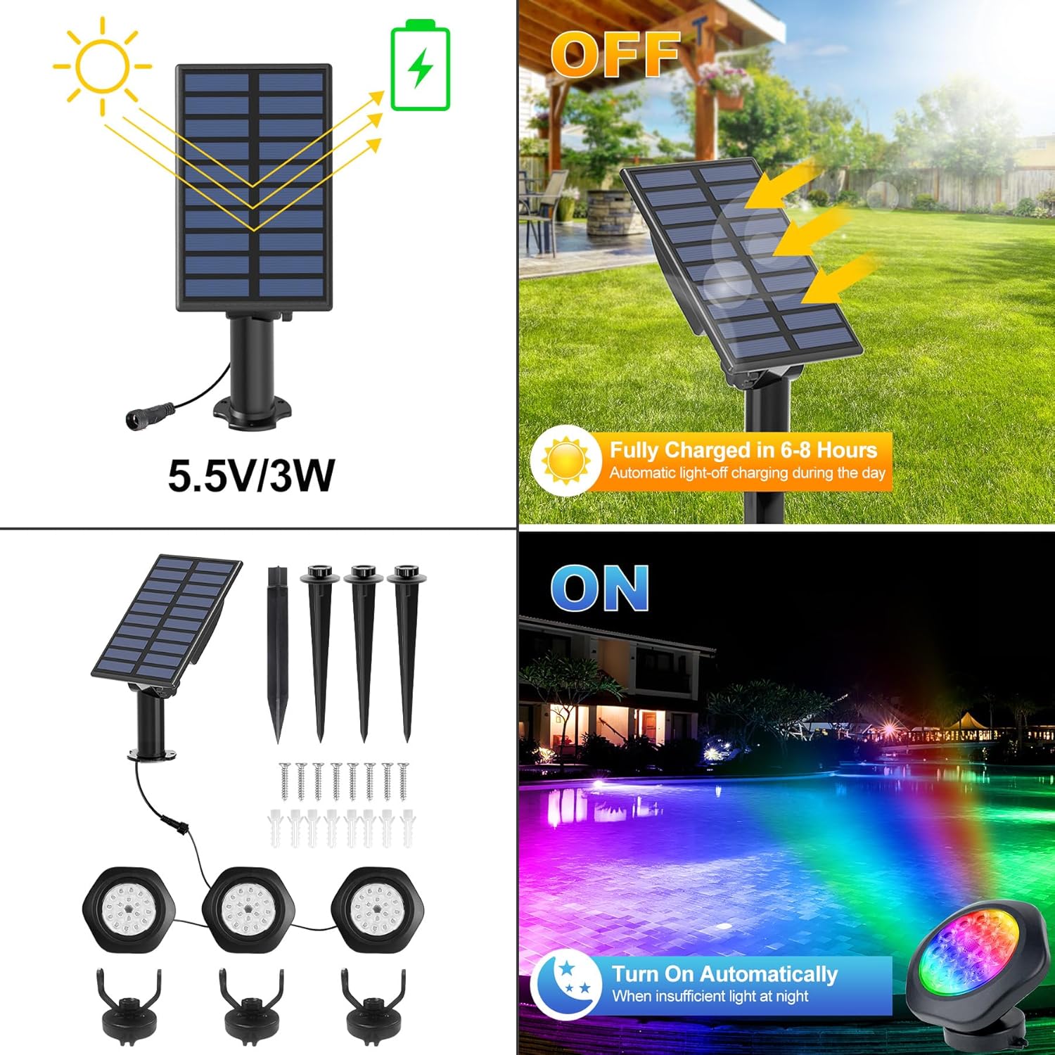 Solar Pond Lights, 18 LED Super Bright RGB LED Underwater Spotlights Color Changing Submersible Pond Light IP68 Waterproof Fountain Lights for Fish Aquarium Tank Garden Yard Pool (3-in-1)