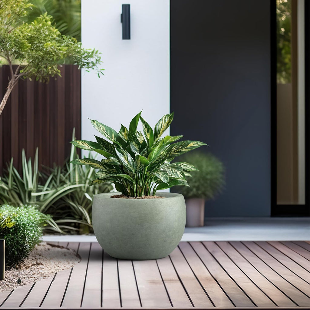 Kante 15.7" Dia Round Concrete Planter, Outdoor/Indoor Large Bowl Plant Pots with Drainage Hole and Rubber Plug for Garden Patio Balcony Home, Mint Green