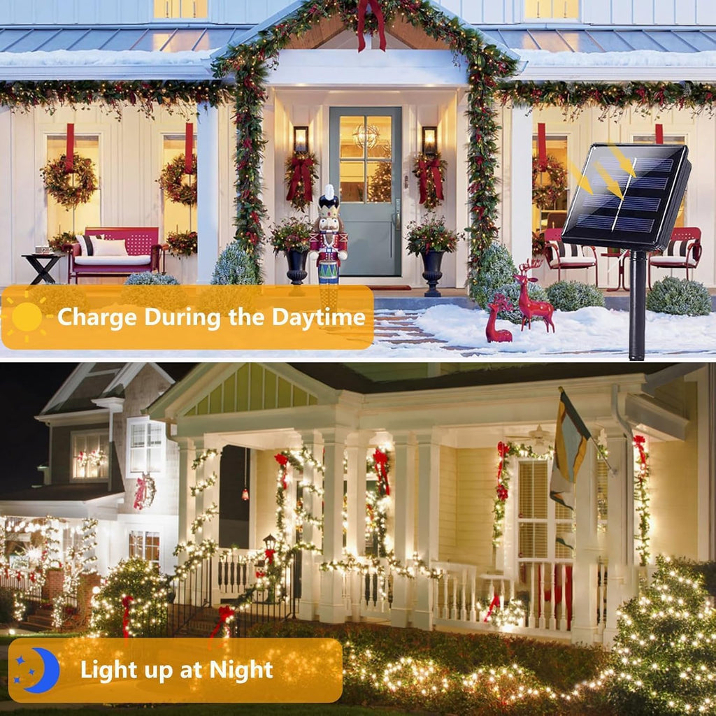 4 Pack 180FT Solar String Lights for Outside, Super Bright 320 LED Solar Light Outdoor Waterproof with 8 Modes, Green Wire Solar Twinkle Fairy Lights for Xmas Tree Party Yard Decorations (Warm White)