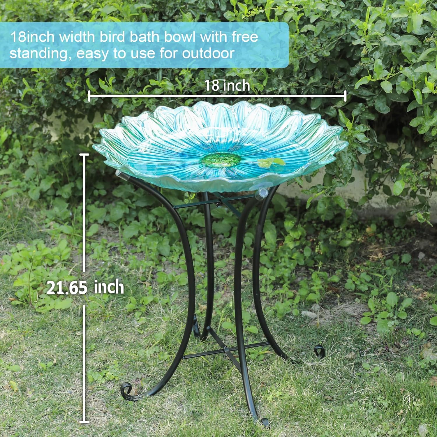 MUMTOP Outdoor Glass Birdbath with Metal Stand for Outside Yard Garden Decor, 18 inch Diameter Blue Bird Baths Bowl for Outdoors, 21 inch Height