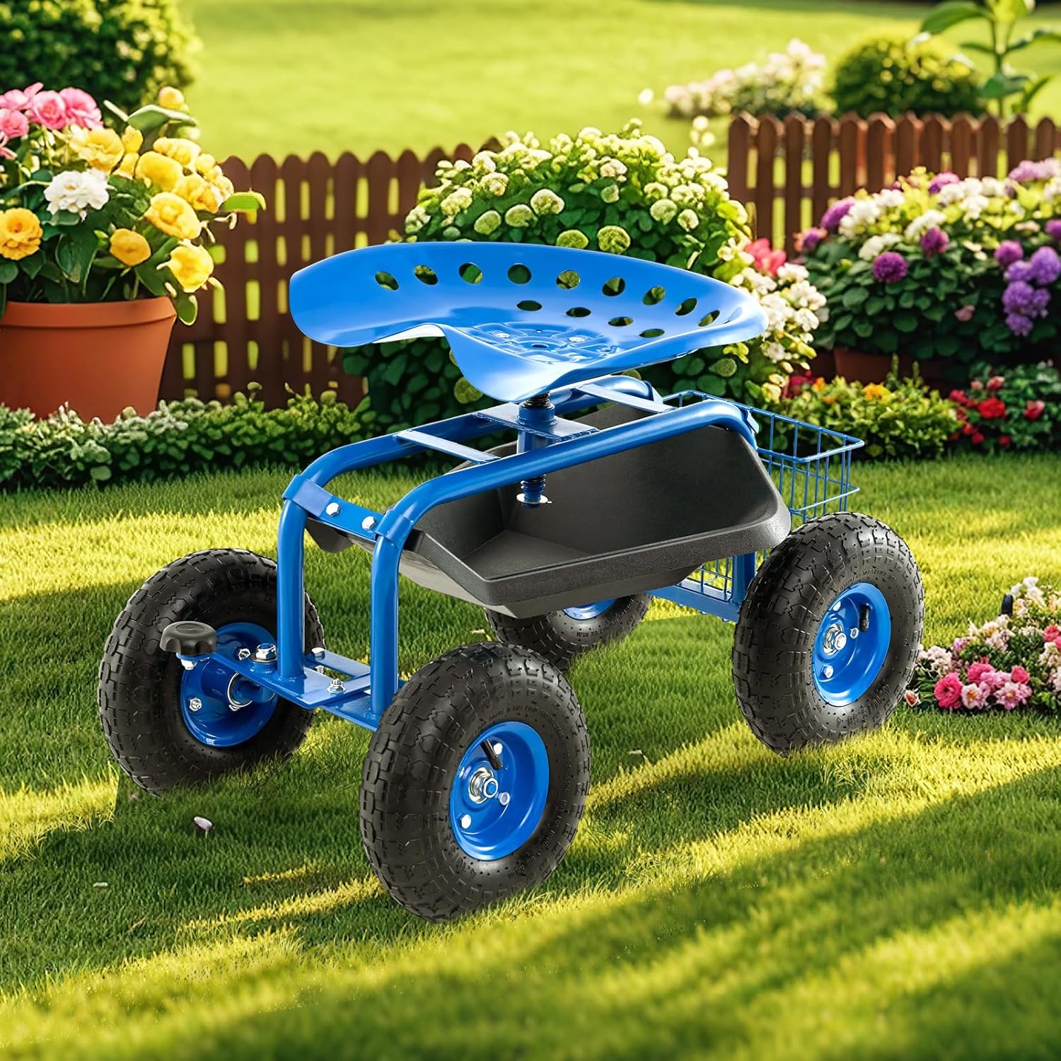 S AFSTAR Rolling Garden Cart, Wagon Scooter with 360° Swivel Seat, Storage Tray, Basket & Rubber Wheels, Heavy-Duty Gardening Tool Cart for Weeding, Patio & Yard (Blue)