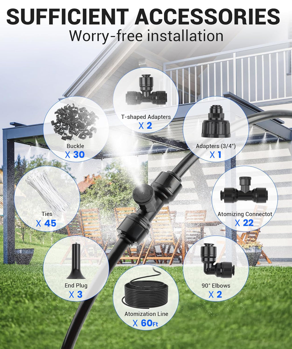 60FT Misters for Outside Patio Misters for Cooling (22 Mist Nozzles) Outdoor Water Patio Hose Greenhouse Mister System Outside Mist Backyard Trampoline for Waterpark Watering Misters for Cooling