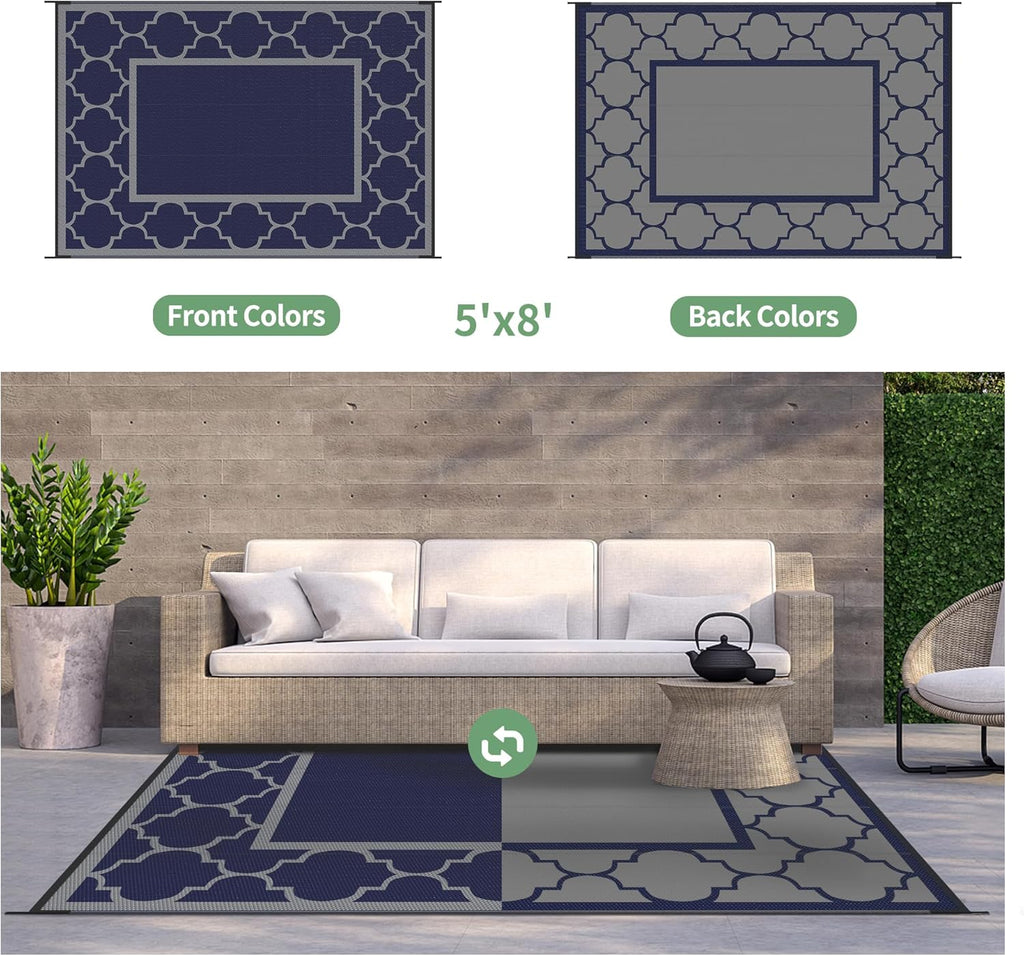 GENIMO Outdoor Rug 5' x 8' Patio Waterproof, Foldable Reversible Plastic Straw Area Rugs Mat for Camper Decor, Outside Carpet for Rv, Deck, Porch, Picnic, Beach, Balcony, Blue & Grey