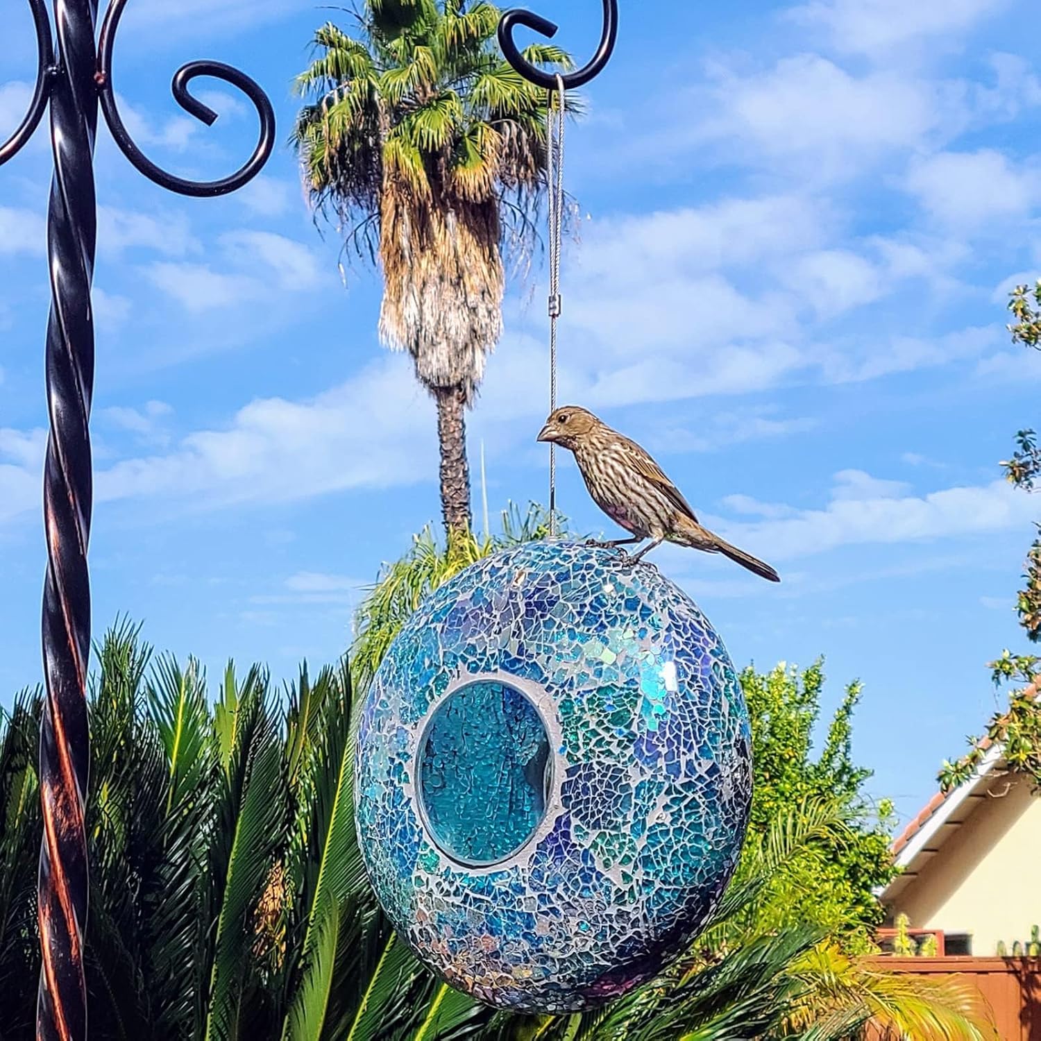 Fly Through Wild Bird Feeder Garden Hanging Bird Feeder Mosaic Circle Squirrel Proof for Outdoor Decoration,Blue