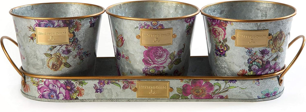 MACKENZIE-CHILDS Galvanized Herb Pots with Tray, Metal Herb Planters, Set of 3, Flower Market