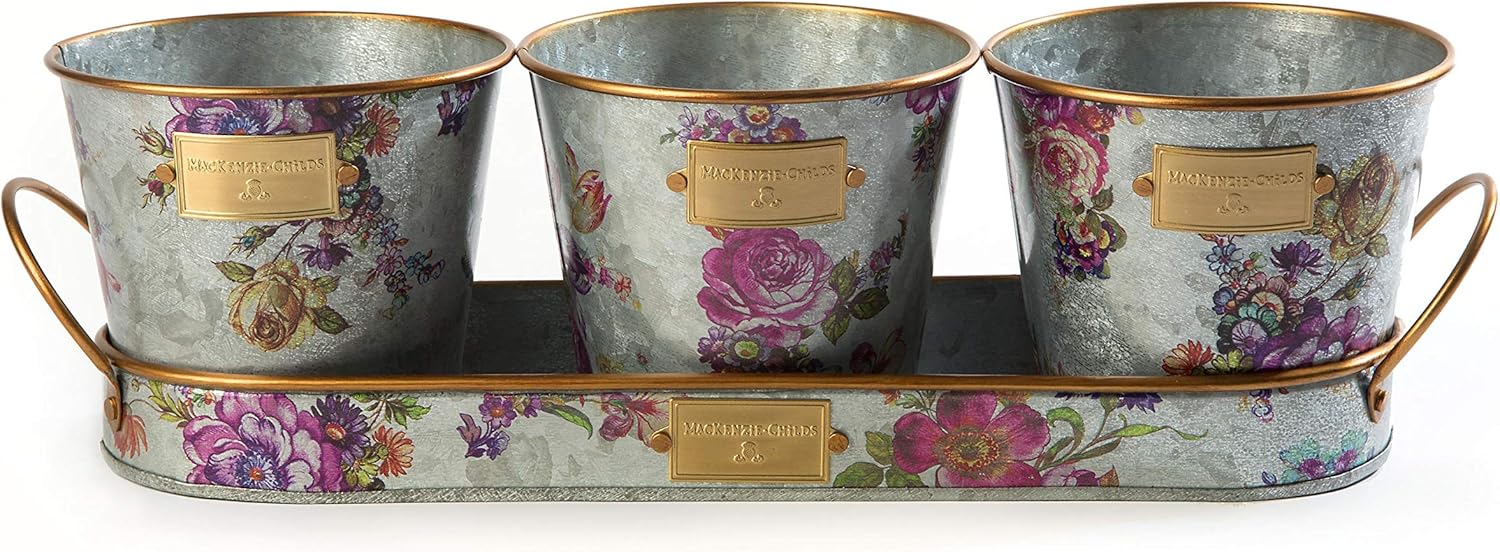 MACKENZIE-CHILDS Galvanized Herb Pots with Tray, Metal Herb Planters, Set of 3, Flower Market