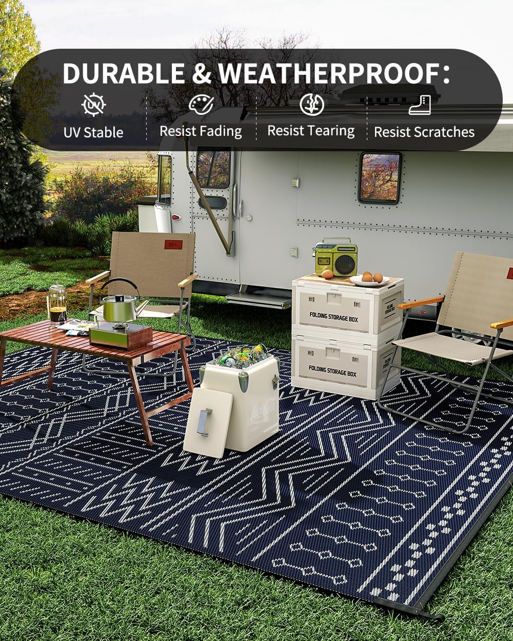 Outdoor Rug Carpet Waterproof 5x8 ft Patio Rug Mat Indoor Outdoor Area Rug for RV Camping Picnic Reversible Lightweight Plastic Straw Outside Rug for Patio Decor Decoration Boho Rug Navy Blue White