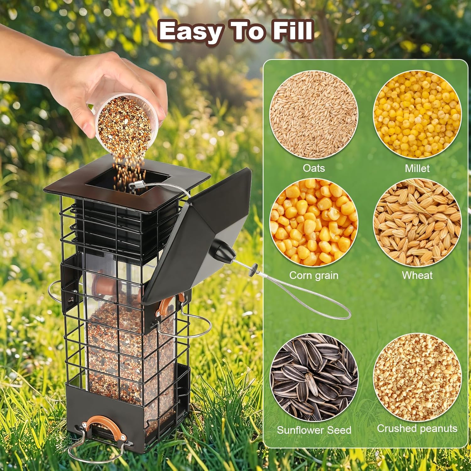 Squirrel Proof Bird Feeder - Metal Outdoor Design with 4 Feeding Ports, Wild Bird Feeders for Outside, 2.5lb Large Capacity, Ideal Gift for Bird Lovers