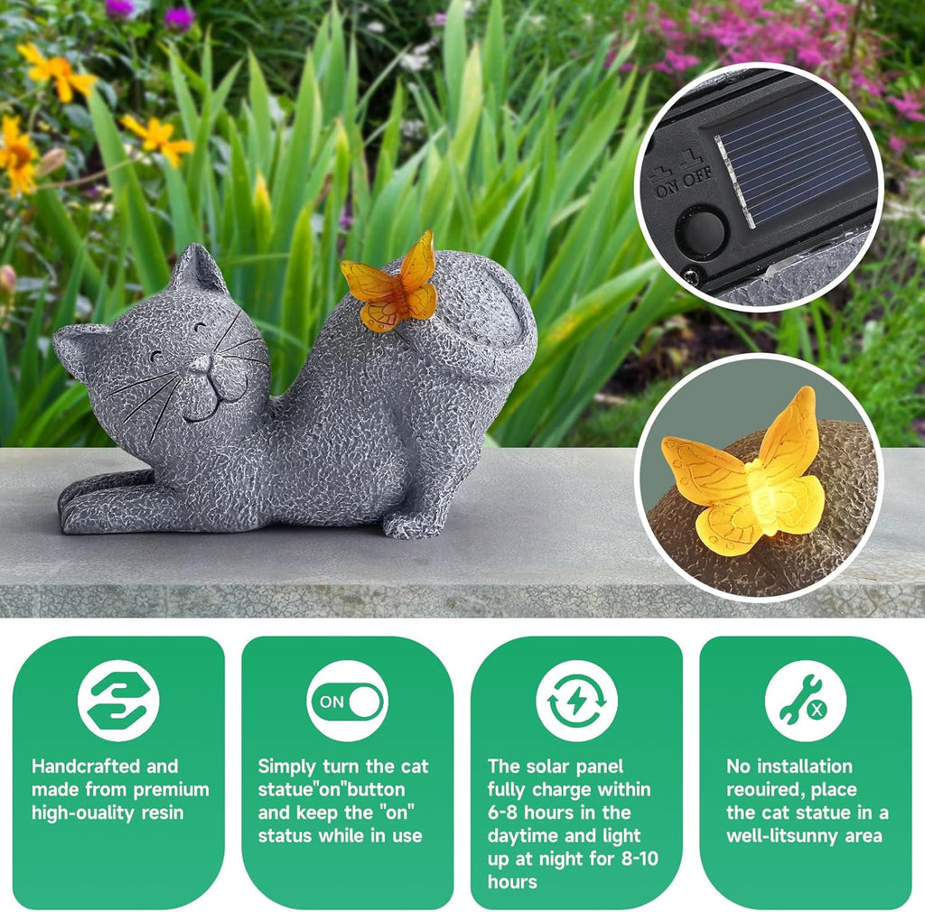 Solar Cat Garden Statue with Glowing Butterfly, Outdoor Resin Cat Figurine with Solar Light, Waterproof Yard Decor for Patio, Lawn, Porch, and Unique Garden Gifts for Cats Lovers