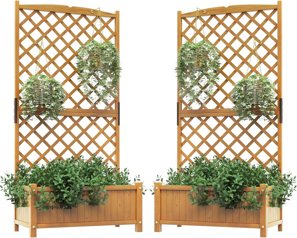 HAPPYGRILL Raised Garden Bed with Trellis, 71" Planter Raised Bed with Drainage Holes, Freestanding Garden Planter for Vine Climbing Plants, Wooden Planter Box for Yard Balcony(2, Yellow)