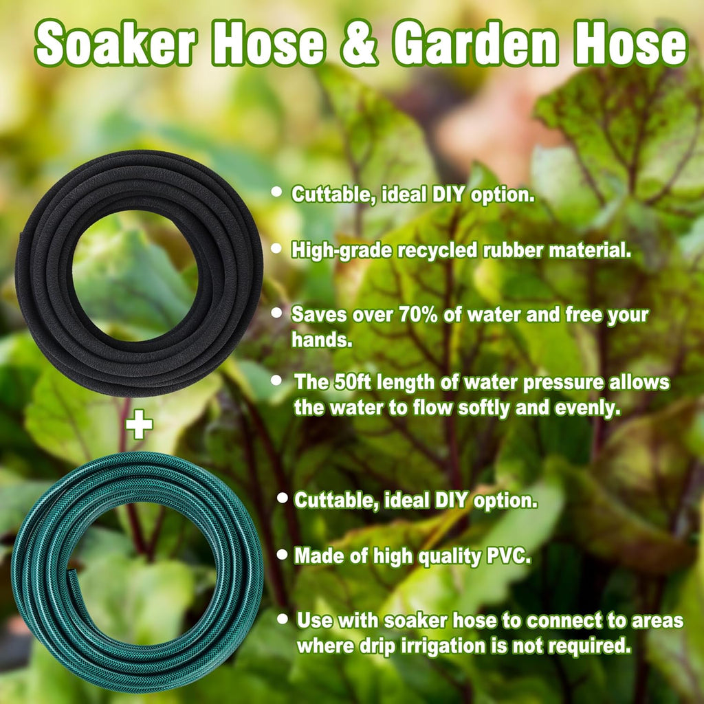 Customizable Soaker Hose System, 1/2inch 75ft Rubber Hose with 50ft PVC Garden Hose, Drip Irrigation Watering Hose with Reinforced Fittings for Flowers Bed Foundation, Lawn, Vegetable, Tree