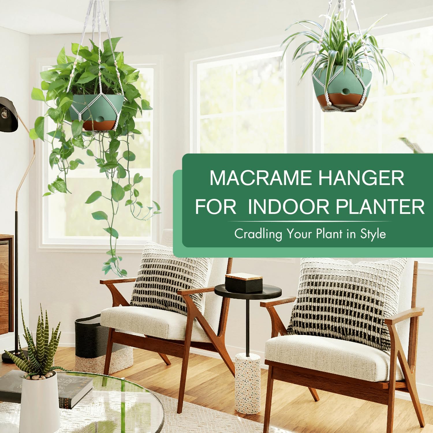 Set of 2-8 Inch Hanging Planters for Indoor Plants with Self-Watering Includes Hanging Pots for Plants, Outdoor Hanging Plant Pot with Drainage, and 2 Types of Hanging Baskets Hangers (Green)