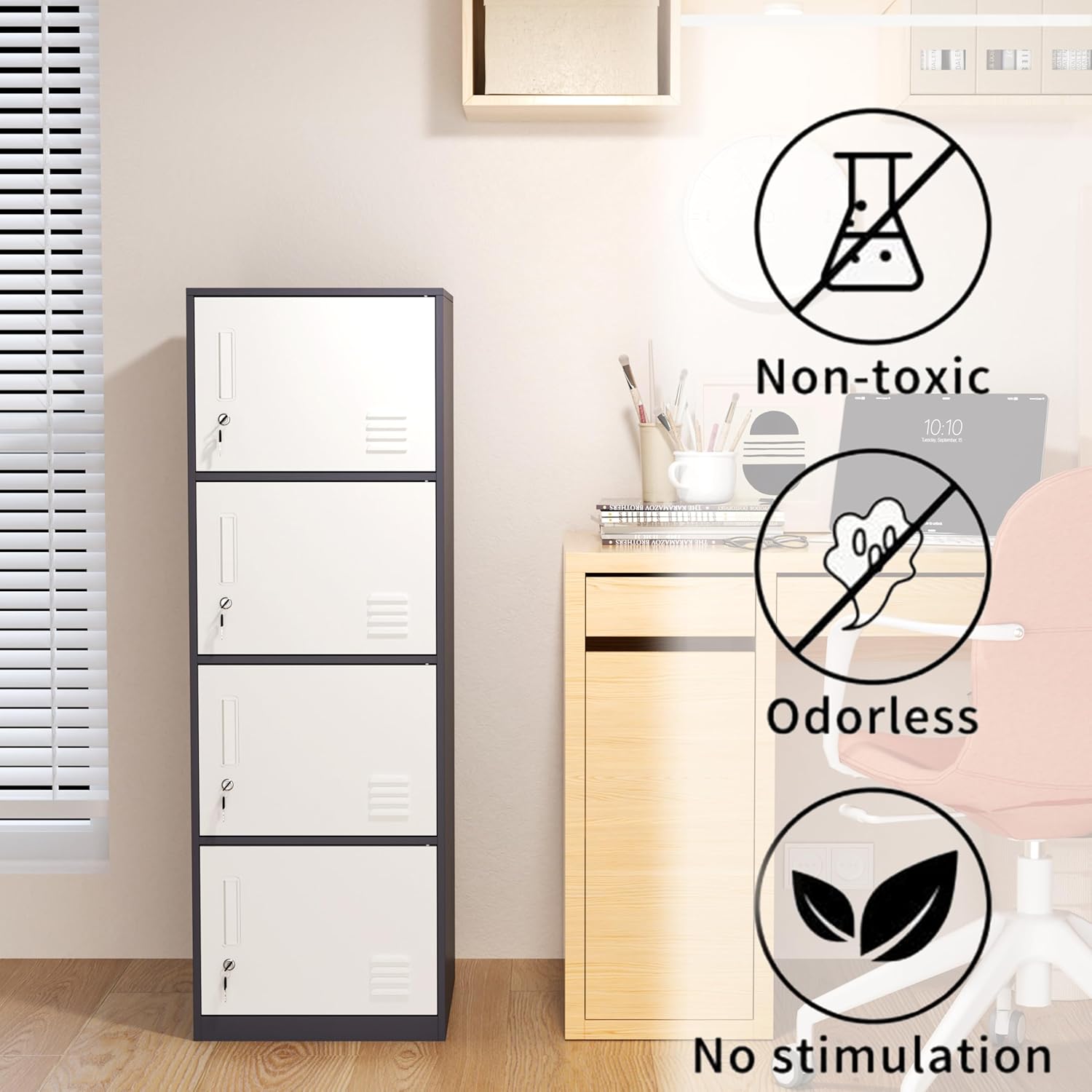 4 Door Metal Storage Locker Cabinet for Office, Home, Gym, School, Steel Cabinet to Storage File, Toys, Shoes and Sports Equipment, Locker Organizer for Gym Office Bedroom (4 Door, Grey)