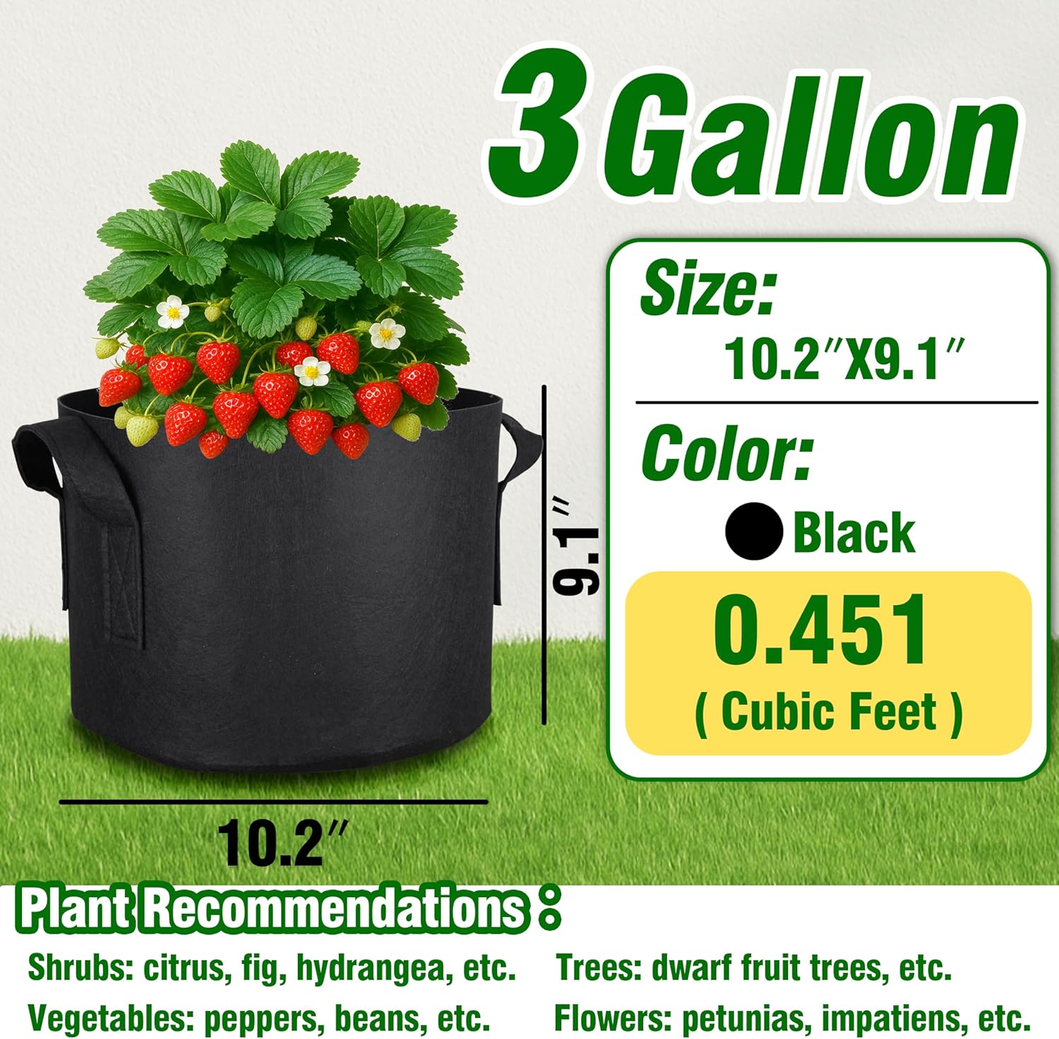 PHYEX 12-Pack 3 Gallon Grow Bags, Heavy Duty Fabric Pots with Handles, Reusable Plant Bags for Vegetable, Herbs & Flowers, BPA-Free, Breathable, Durable