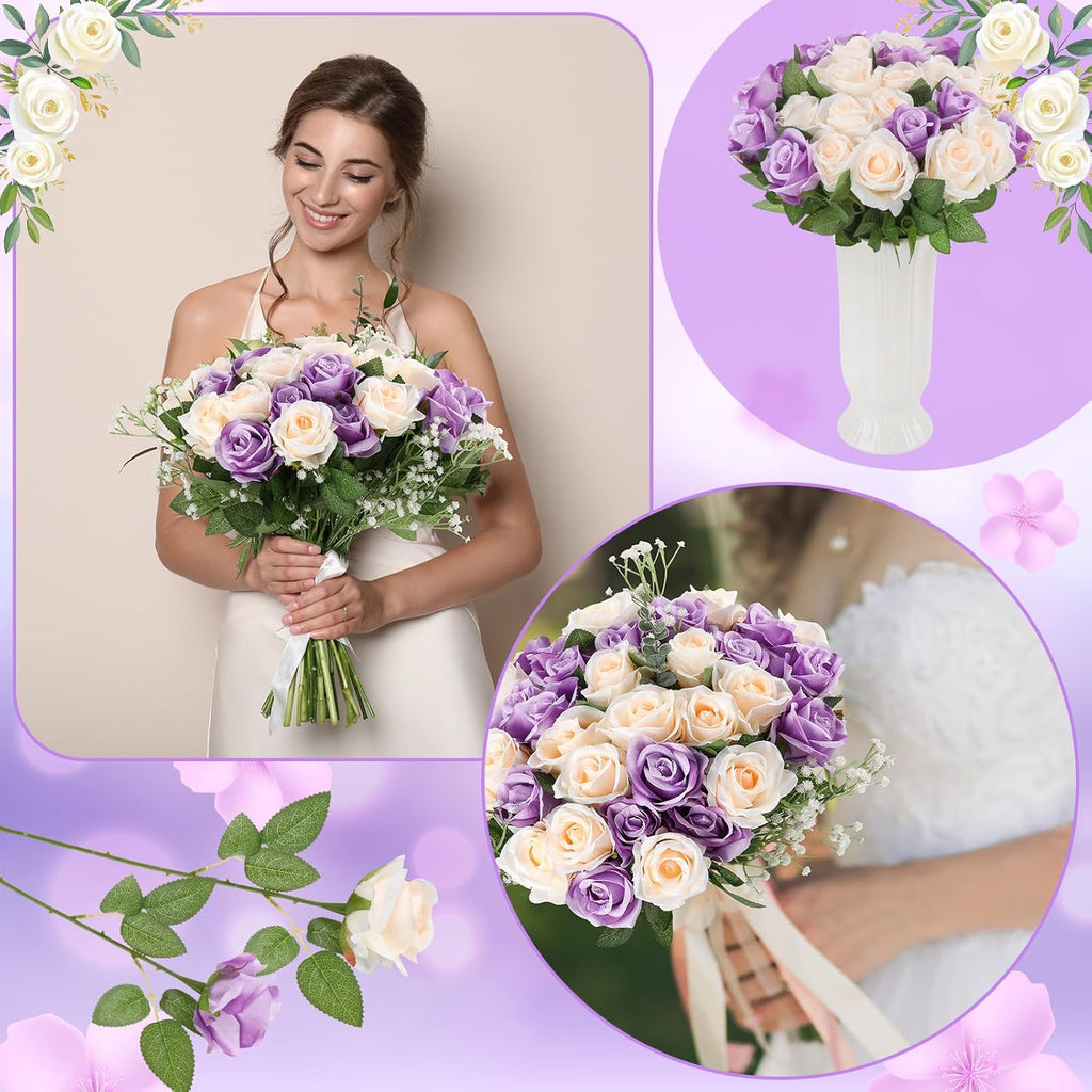 36 Pcs Purple, Champagne Artificial Roses with Long Stems, Purple Fake Silk Rose Artificial Flowers Bulk for Bridal Wedding Bouquet Centerpiece Ball Arrangement Party Decor