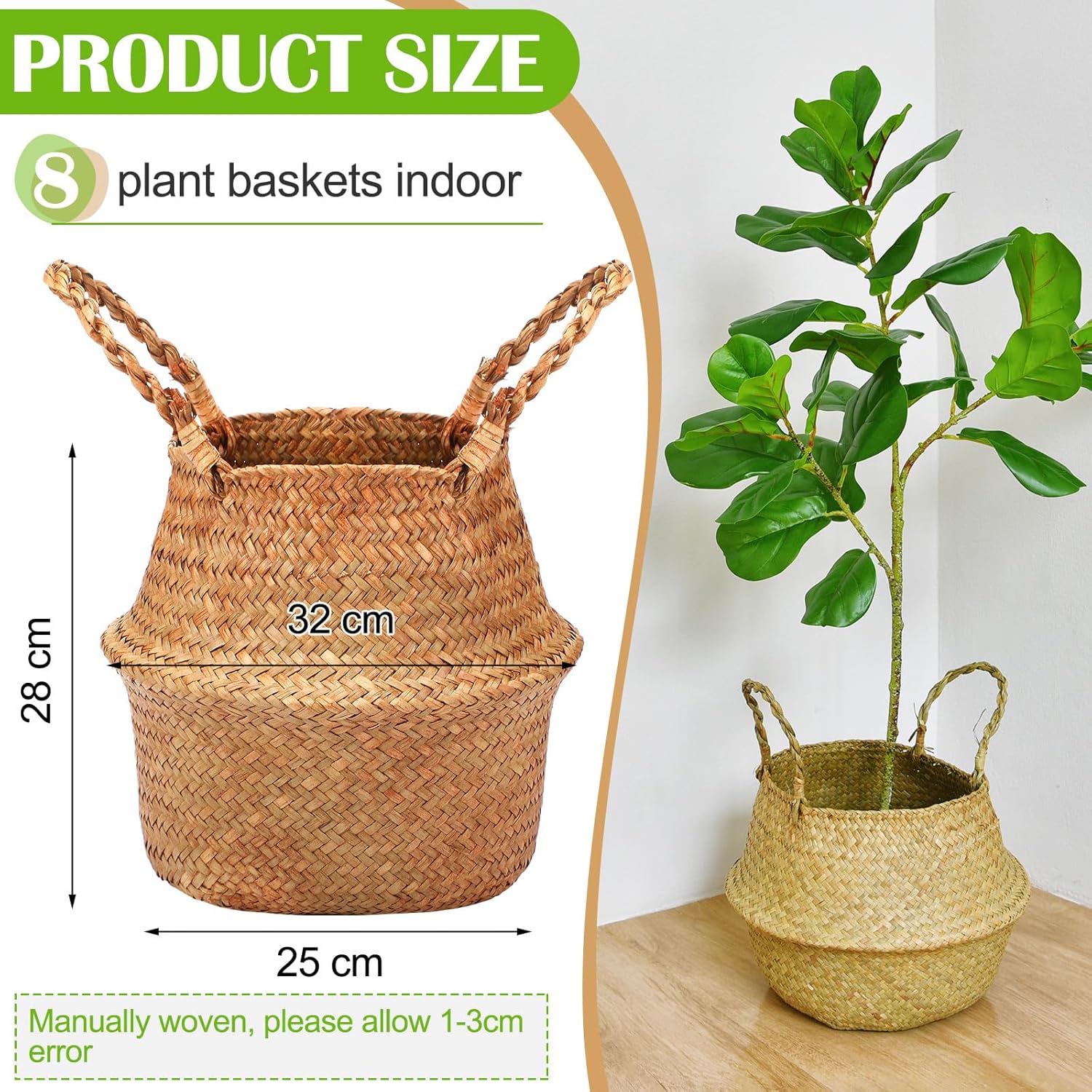 Qunclay Woven Seagrass Baskets Belly Basket Folding Boho Natural Plant Pot with Handles Round Decorative Wicker Large Indoor Planter for Home Outdoor Tree Planters Decor(12 x 11 Inch, 8 Pcs)