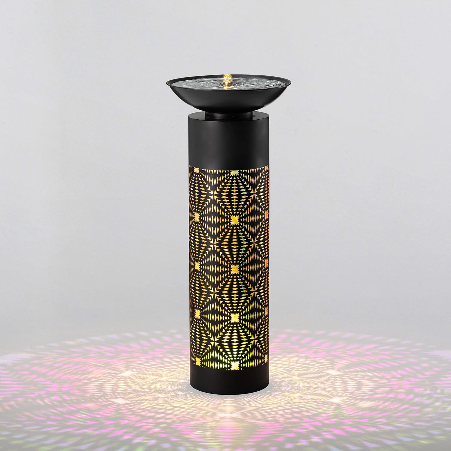 Glitzhome Modern Black Metal Cutout Water Fountain - 36'' Outdoor Bird Bath Fountain with LED Light & Pump - Freestanding Waterfalls Garden Fountains for Patio Backyard Porch Patio Decor