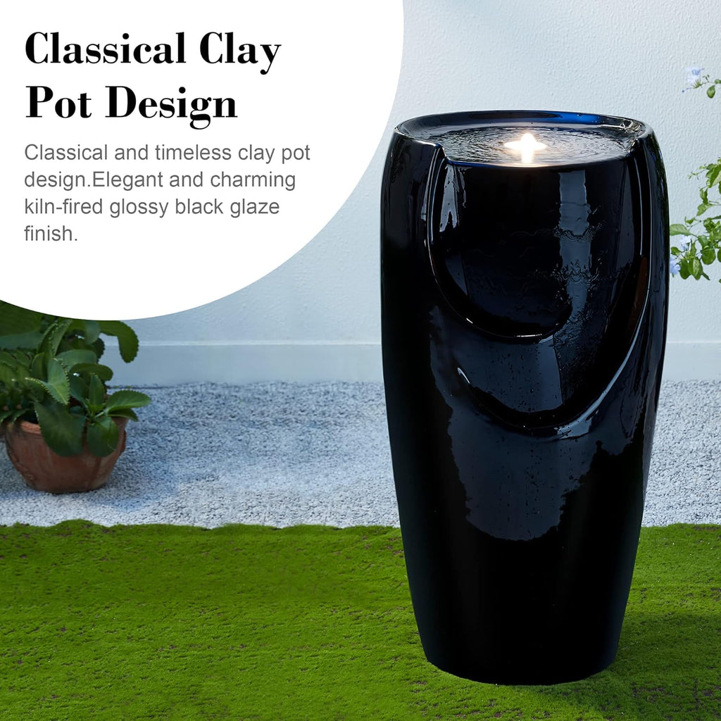 Glitzhome 29.25" H Oversized Ceramic Vase Outdoor Water Fountain Tall Patio Garden Water Fountain with LED Light and Submersible Pump Yard Art Decor, Black, 29.25”H