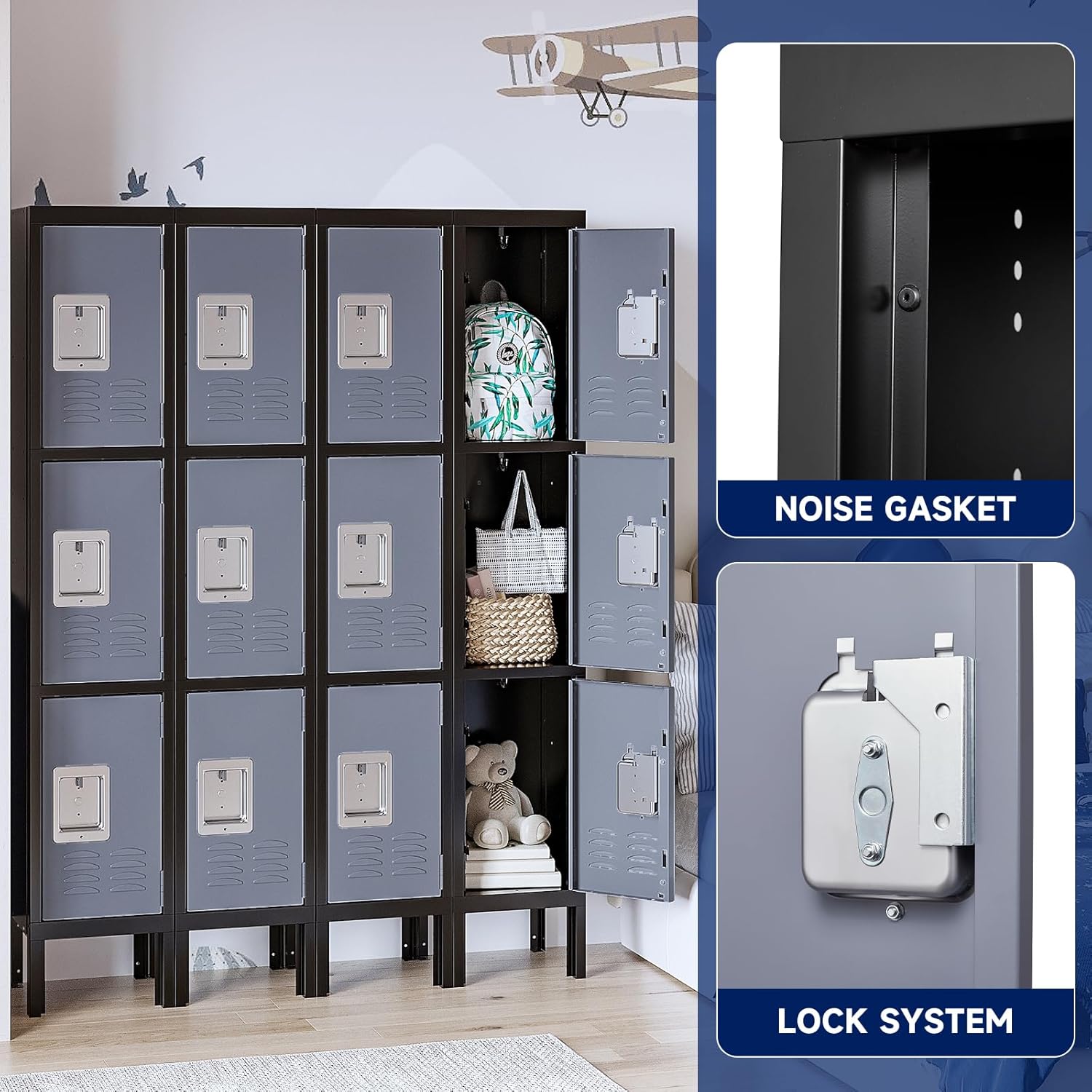 Yizosh Metal Lockers for Employees with Lock, Employees Locker Storage Cabinet with 3 Doors, Tall Steel Storage Locker for Gym, School, Office (Gray Black, 3 Door)