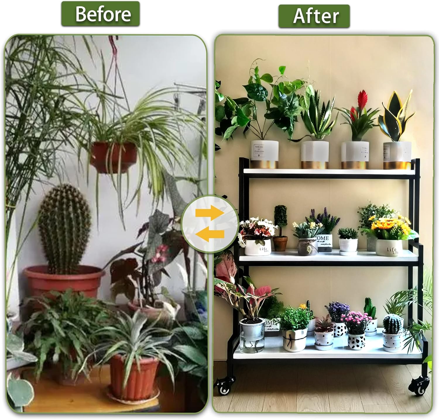 Rustic Plant Stand With Wheels, Rolling Shelves Rack Indoor Outdoor, Metal Stand With Solid Wood for Multiple Plants, Industrial Ladder Flower Shelf for Garden, Living Room, White