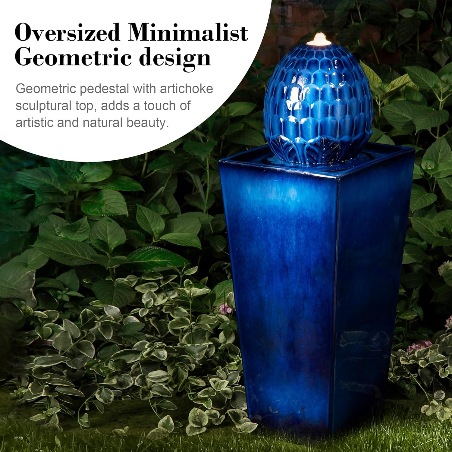 Glitzhome Ceramic Outdoor Water Fountain with LED Light, Oversized Artichoke Pedestal Water Fountains with Submersible Pump, Patio Fountain Waterfall for Garden Patio Deck Porch, Cobalt Blue, 35.75" H