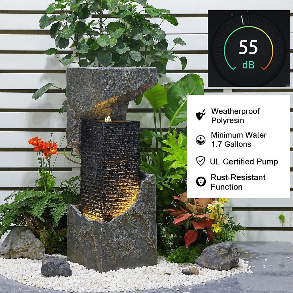 Water Fountain Outdoor Garden 35.4" H Modern Outdoor Fountains and Waterfalls with Lights Flooring Standing Indoor Water Fountains for Garden, Patio, Deck, Backyard, Porch and Home Art Decor