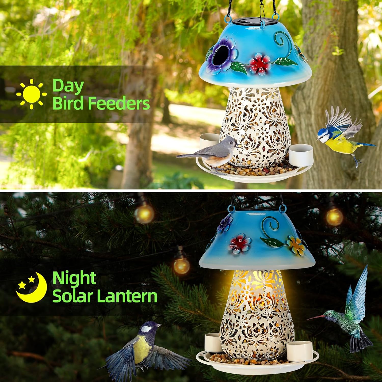 Mushroom Solar Bird Feeders for Outdoors Hanging Metal Wild Bird Feeder Garden Lantern with S Hook for Garden Decoration Blue