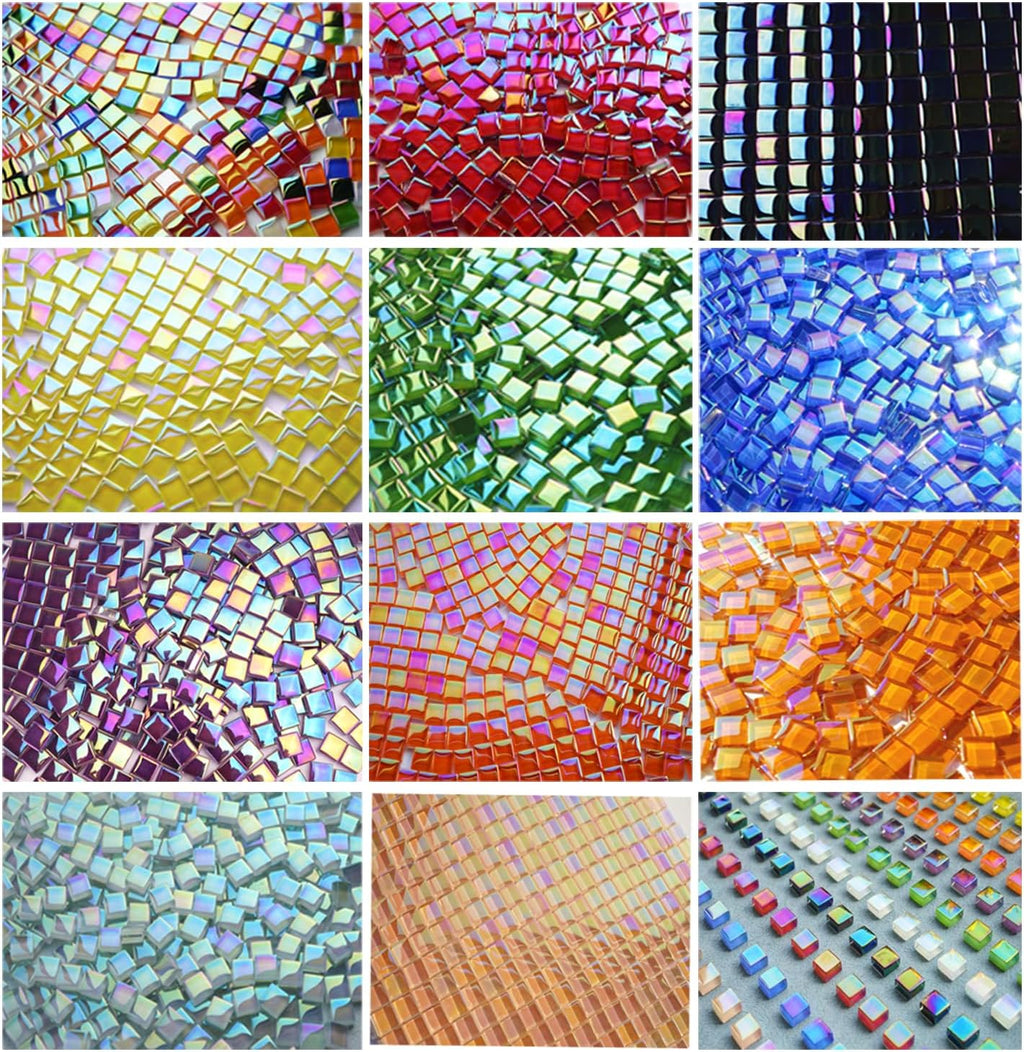 300G Iridescent Mosaic Tiles for Crafts, 335pcs Small Purple Crystal Glass Tiles for Mosaic Making Projects, 3/8" Square Stained Glass Mosaic Pieces for DIY Mosaic Work, Tiles for Glass Art