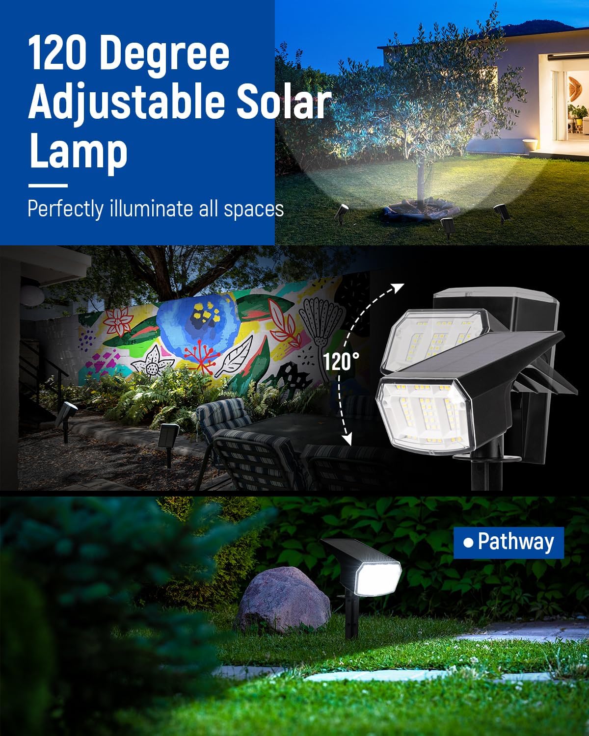 Solar Lights Outdoor Waterproof IP65, 63 LED 3 Lighting Modes Solar Powered Yard Garden Spot Lights for Outside Landscape- 3 Pack (Cool White)