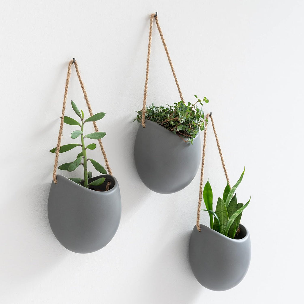 Kazai. Wall Planters -Ellie- | Hanging Ceramic Plant Pots 3 Pieces | Wall Decoration for Indoors, Balcony and Garden | Grey (Matte)