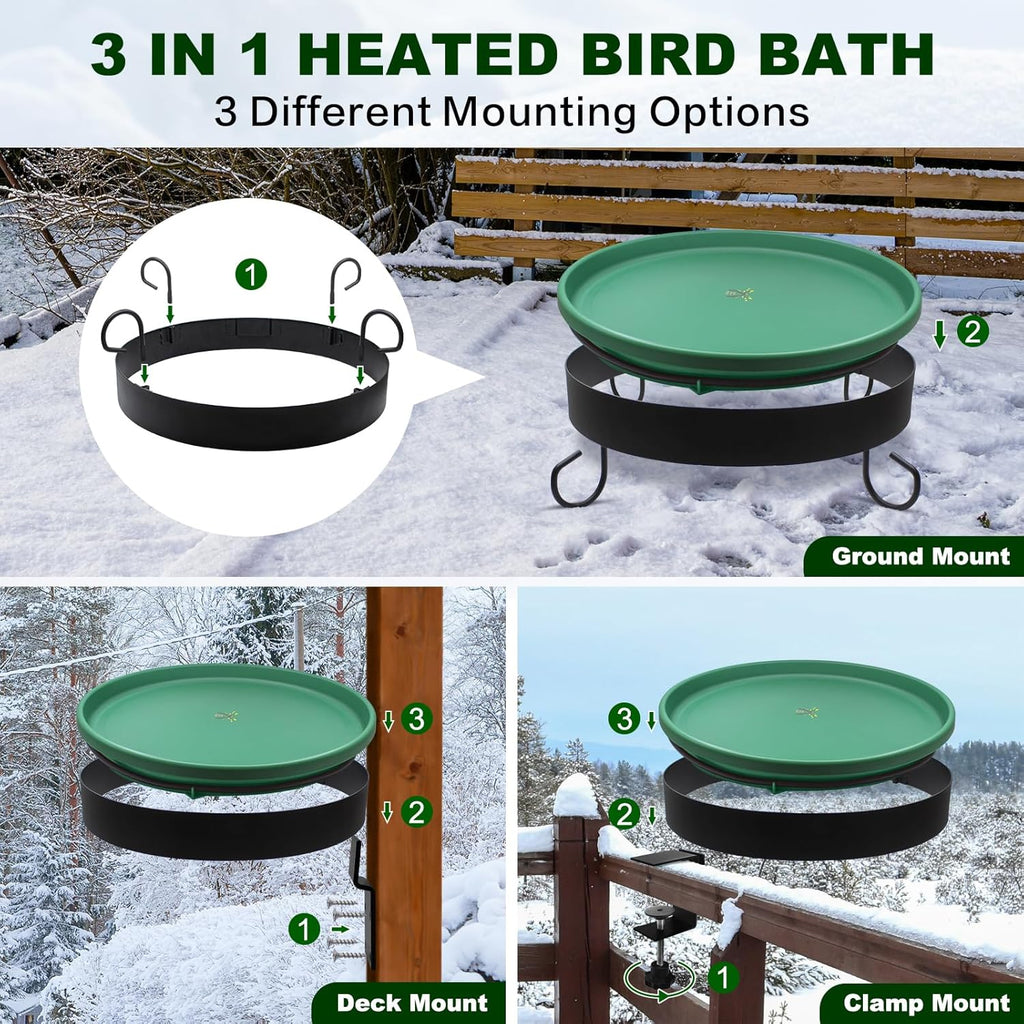 Heated Bird Bath, 3 Easy Ways to Mount Heavy Duty Metal Pedestal Detachable Bird Bath Bowl for Easy Cleaning, 75W Heated Bird Baths for Outdoors for Winter Garden Yard Patio Lawn, Green