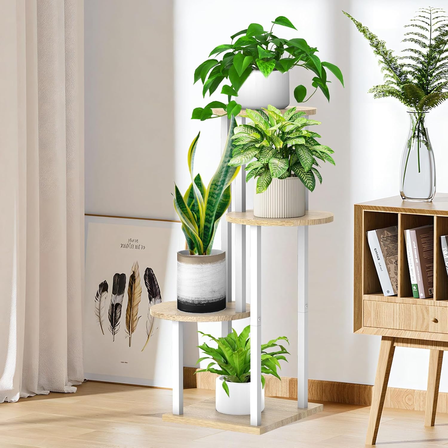 4 Tier Wood Tall Plant Stand Metal Rack Indoor, Multiple Flower Pot Holder Shelves Corner Rack, Round Planter Shelf Display Rack Storage Organizer for Patio Living Room Balcony(White Oak)