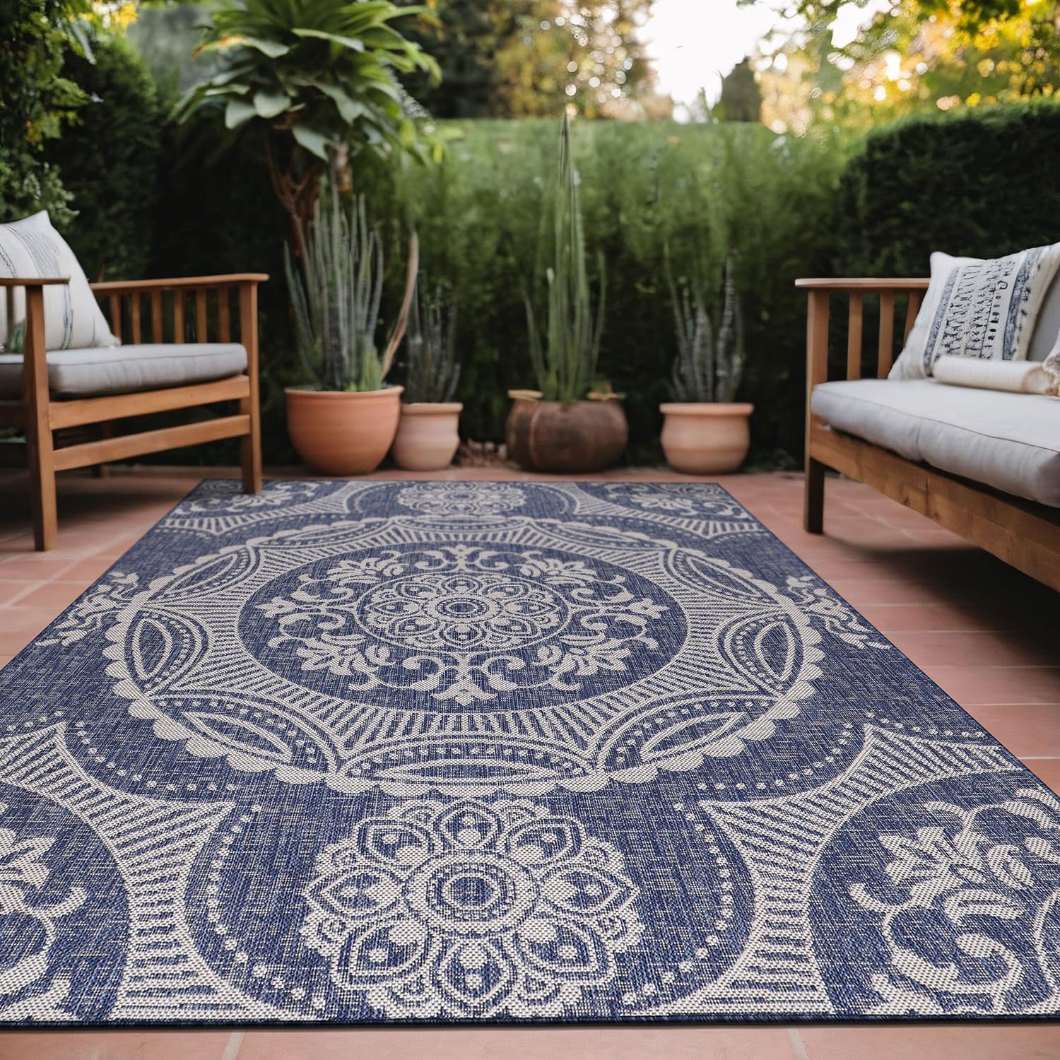 Medallion Outdoor Rug 9x12 Washable Outside Carpet for Indoor Patio Porch Waterproof Easy Cleaning Non Shedding Area Rugs Blue 9 x 12
