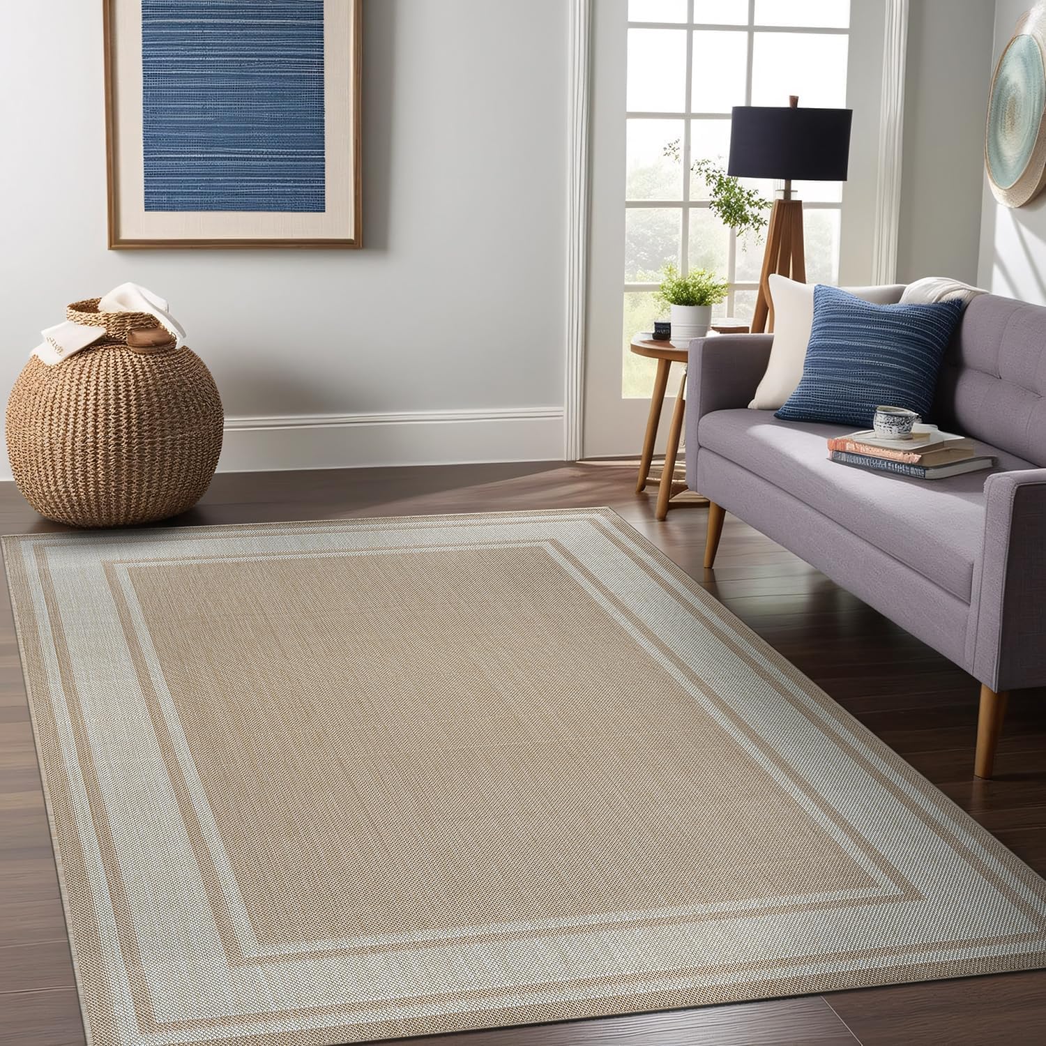 Beverly Rug Large Outdoor Rug 9x12 Modern Bordered Area Rugs for Indoor and Outdoor Patio Deck Porch Garden Waterproof Weather Sun Resistant Washable Outside Carpet (9 x 12 Beige)