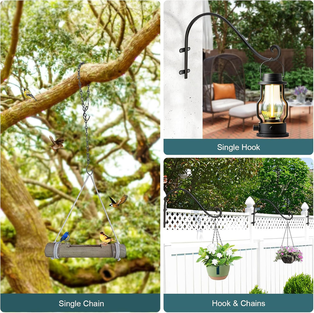 Plant Hangers Outdoor, 4 Pack 16 Inch Plant Hooks with 12 Chains for Wall Metal Plants Hanging Bracket for Bird Feeder, Flower Baskets, Wind Chimes, Lanterns, Indoor Outdoor, Black