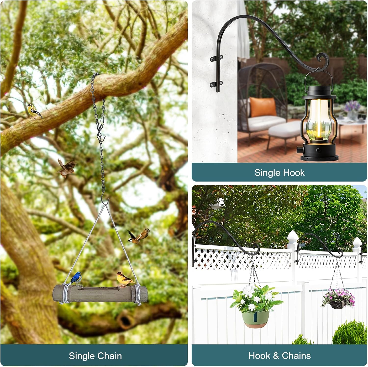 Plant Hangers Outdoor, 4 Pack 16 Inch Plant Hooks with 12 Chains for Wall Metal Plants Hanging Bracket for Bird Feeder, Flower Baskets, Wind Chimes, Lanterns, Indoor Outdoor, Black