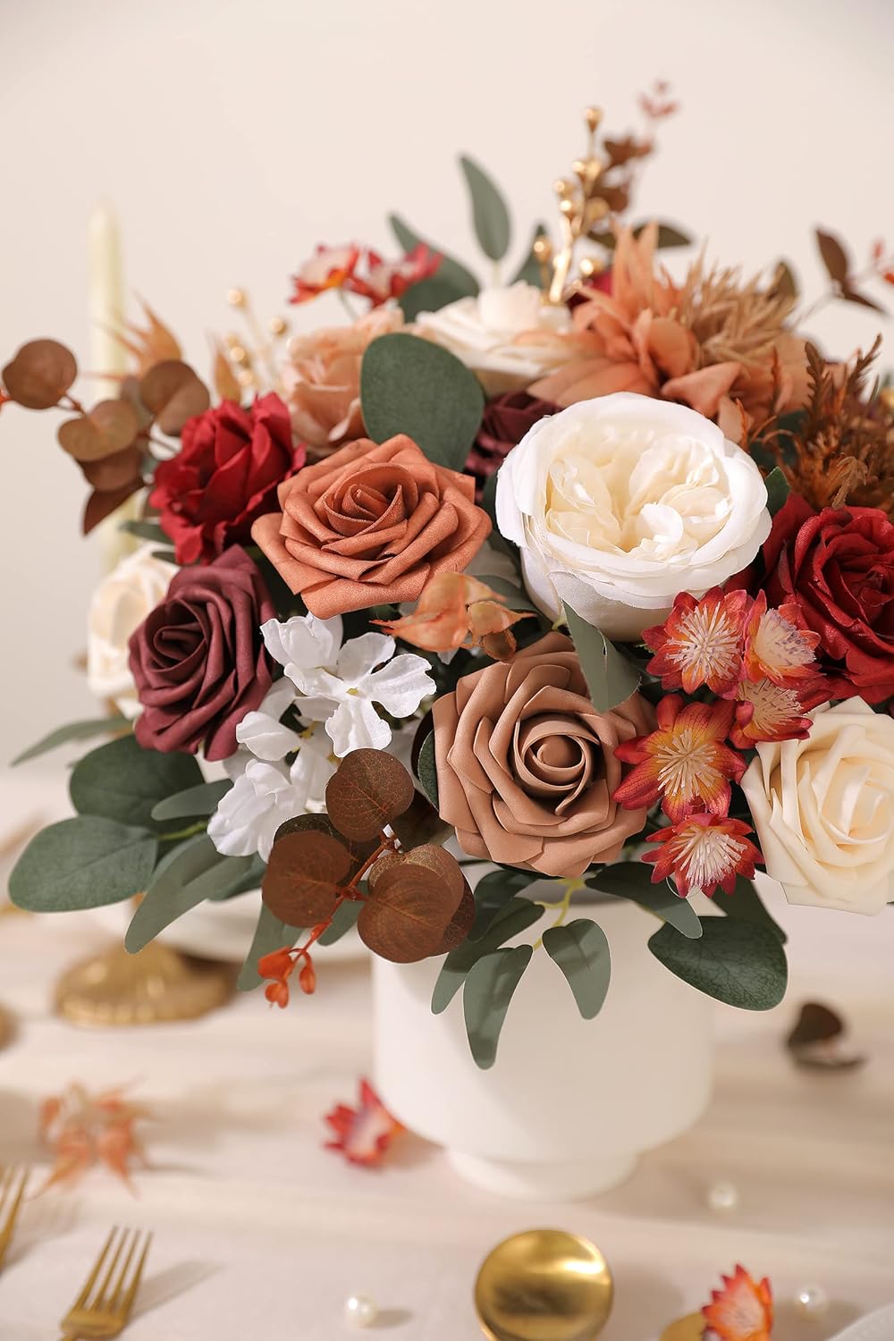 Artificial Flower Box Set Silk Fake Flowers for DIY Wedding Hand Bouquet Flower Arrangement Bouquet Centerpiece Decorations Baby Shower Party Home Decorations (Burgundy)