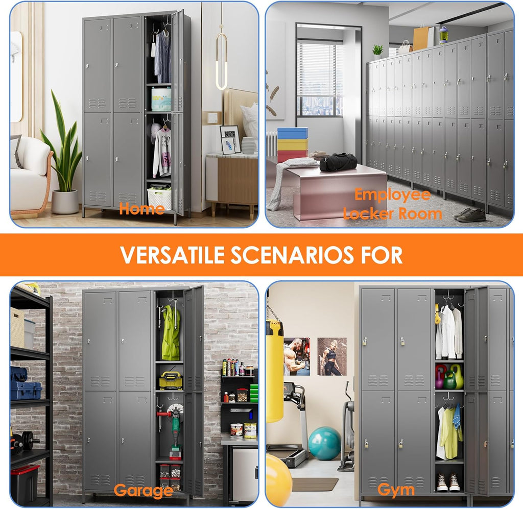 6 Doors Metal Lockers for Employees with 6 Shelves and 18 Hooks, Storage Locker with Business Card Holder for Office Gym School Bedroom, Assembly Required, Dark Gray