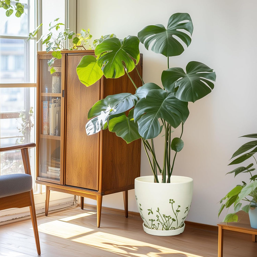 Ceramic Pot for Plants 10 Inch - Indoor Planter for Plants with Drainage Hole and Saucer, Decorative Boho Round Planter, Gardening Gifts for Women Men, Office Home Garden Decor, White